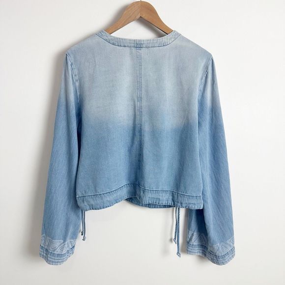 CLOTH & STONE Wrap Crop Top Large Blue Denim Tie Long Flared Sleeve Aztec - Picture 7 of 10